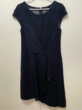 All Saints 100% Cotton Denim Asymmetrical Cap-Sleeve Draped Midi Dress